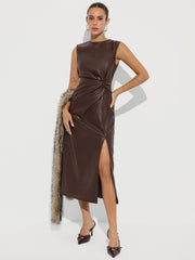 Twisted Faux Leather Sleeveless Slit Midi Dress