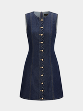 Scallop Button Front Sleeveless Denim Mini Dress