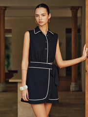 Contrast Piping Sleeveless Collared Cotton Mini Dress