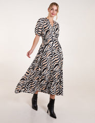 Shirred Waist Button Front Puff Sleeve Midi Dress
