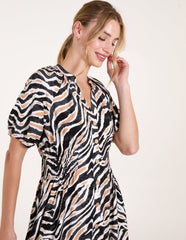 Shirred Waist Button Front Puff Sleeve Midi Dress