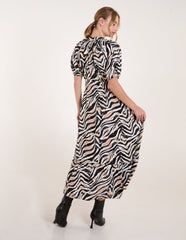Shirred Waist Button Front Puff Sleeve Midi Dress