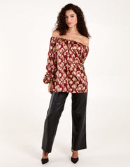 Floral Ruched Sleeve Bardot