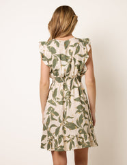 Tropical Print Wrap Over Mini Dress With Flutter Sleeve