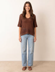Metallic Crochet V Neck Top