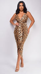 Lilith Brown Leopard Print Midi Dress