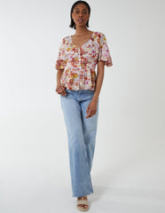 Button Front Batwing Peplum Top