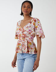 Button Front Batwing Peplum Top