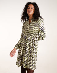 Geometric Shirred Mini Shirt Dress