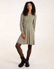 Geometric Shirred Mini Shirt Dress