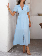 Coriene Short Puff Sleeve Maxi Dress - blue