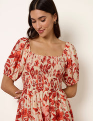 Watercolour Floral Shirred Puff Sleeve Midi Dress