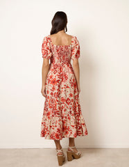 Watercolour Floral Shirred Puff Sleeve Midi Dress