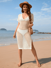 Aruba Net Crochet Knit Midi Dress - Cream