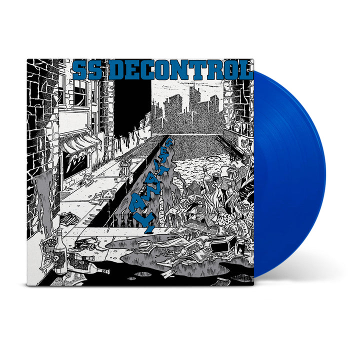 The SS Decontrol Get It Away vinyl album cover features a black-and-white city scene with river debris. A limited edition blue vinyl peeks out, while the band name appears in bold blue text at the top.