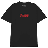 A black T-shirt by Ink & Dagger, crafted from soft Comfort Colors fabric, featuring a small red rectangle on the chest with TRUST RECORDS printed in white and black lettering. The MAGPrinted logo is also located inside the collar tag, making this a standout piece among lettering shirts.