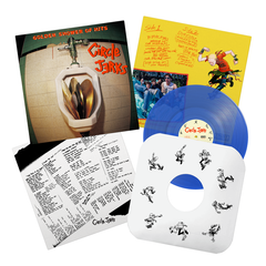 The Circle Jerks Golden Shower of Hits vinyl set includes a blue record, album cover with urinal and gold records, lyric sheet, illustrated inner sleeve, and colorful insert featuring band photos and cartoon art.