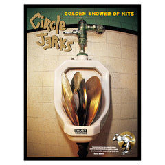 A white urinal contains gold vinyl LPs inside. Above it, yellow text reads "Golden Shower of Hits" and Circle Jerks, the brand name. A cartoon character and the Trust Records logo feature on this remastered release.