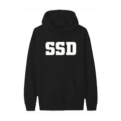 Black hooded sweatshirt from SS Decontrol featuring bold white SSD lettering on the front, with a comfortable fit, front pocket, and adjustable drawstring hood.