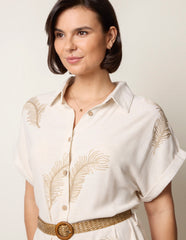 Linen Belted Dress With Feather Embroidery