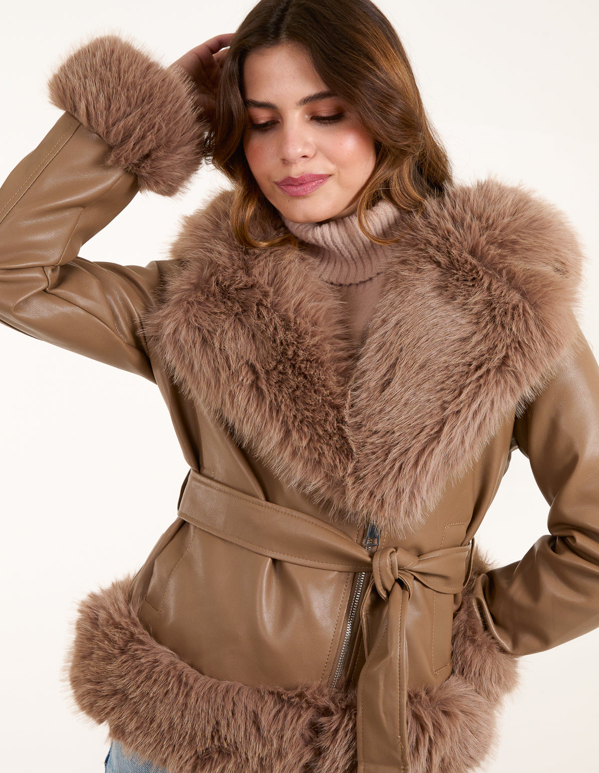 Hooded Zip Faux Fur Cropped PU Jacket