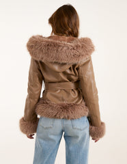 Hooded Zip Faux Fur Cropped PU Jacket