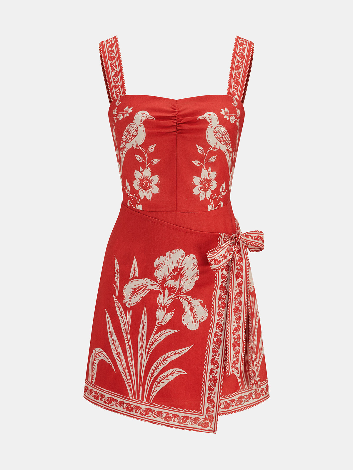 Floral Bird Print Wrap Tie Mini Dress
