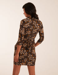 High Neck 3/4 Sleeve Dress With Belt
