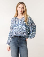 Abstract Printed V Neck Puffball Top