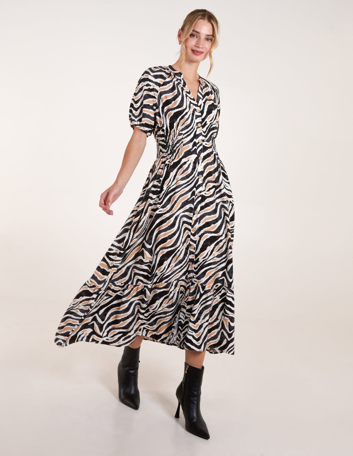 Shirred Waist Button Front Puff Sleeve Midi Dress