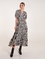 Shirred Waist Button Front Puff Sleeve Midi Dress
