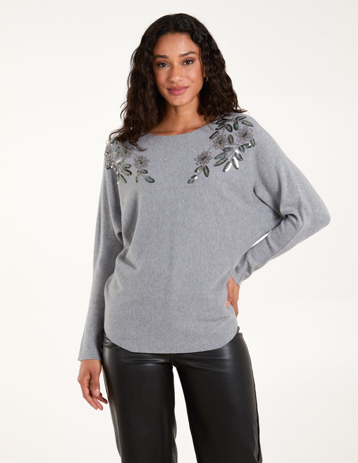 Sequin Flower Detail Batwing Jumper