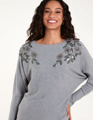 Sequin Flower Detail Batwing Jumper