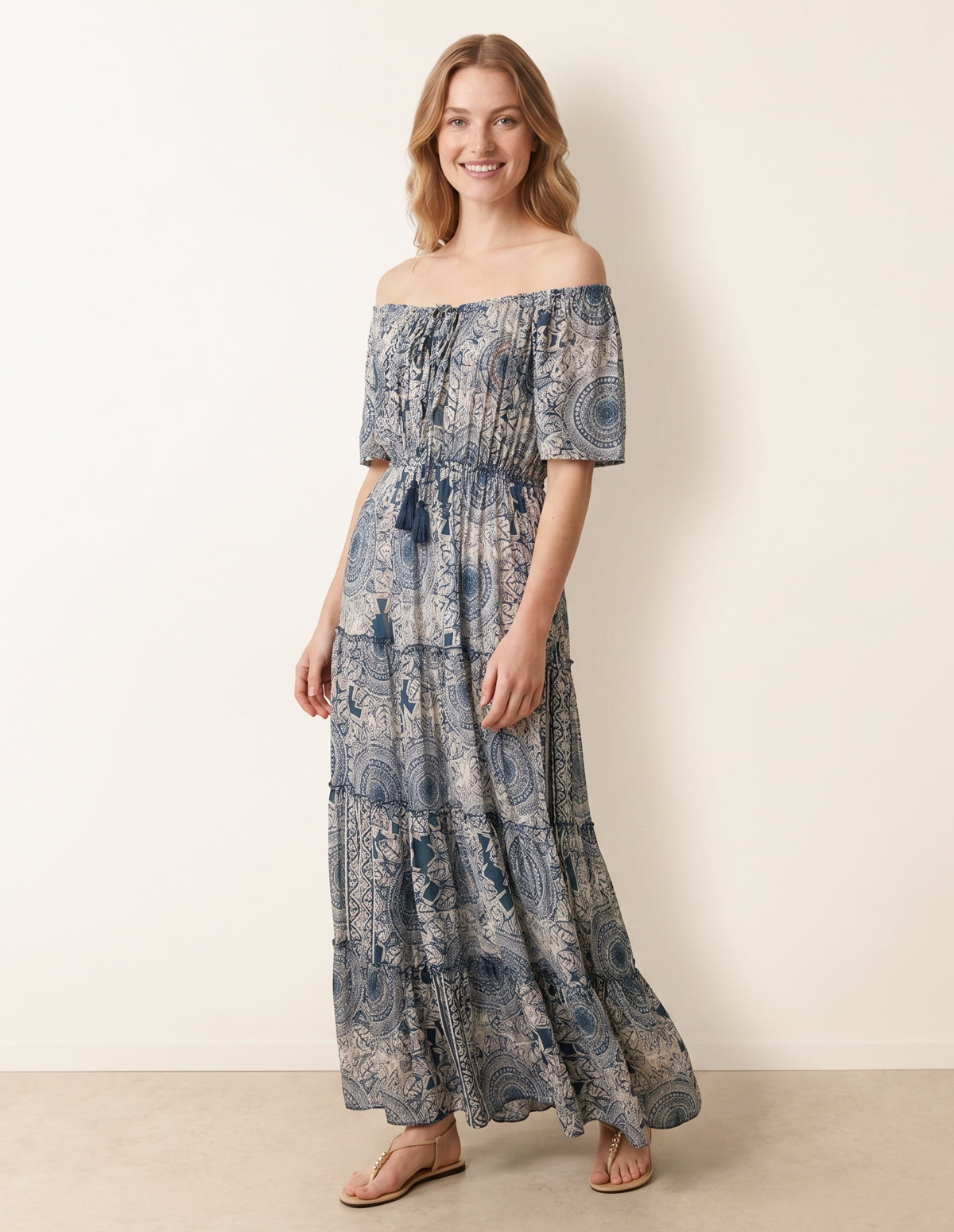 Tie Front Bardot Maxi Dress