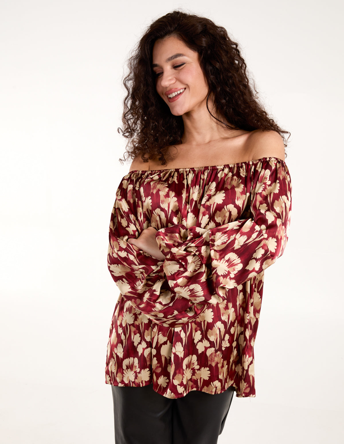 Floral Ruched Sleeve Bardot