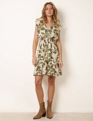 Tropical Print Wrap Over Mini Dress With Flutter Sleeve