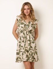 Tropical Print Wrap Over Mini Dress With Flutter Sleeve