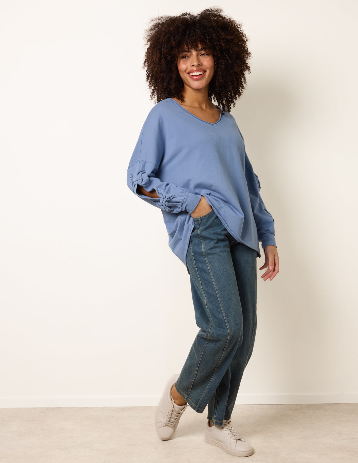 Loop Back Sweat Bow Sleeve Raw Edge V Neck Top