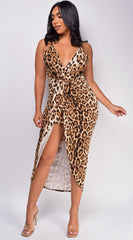 Lilith Brown Leopard Print Midi Dress