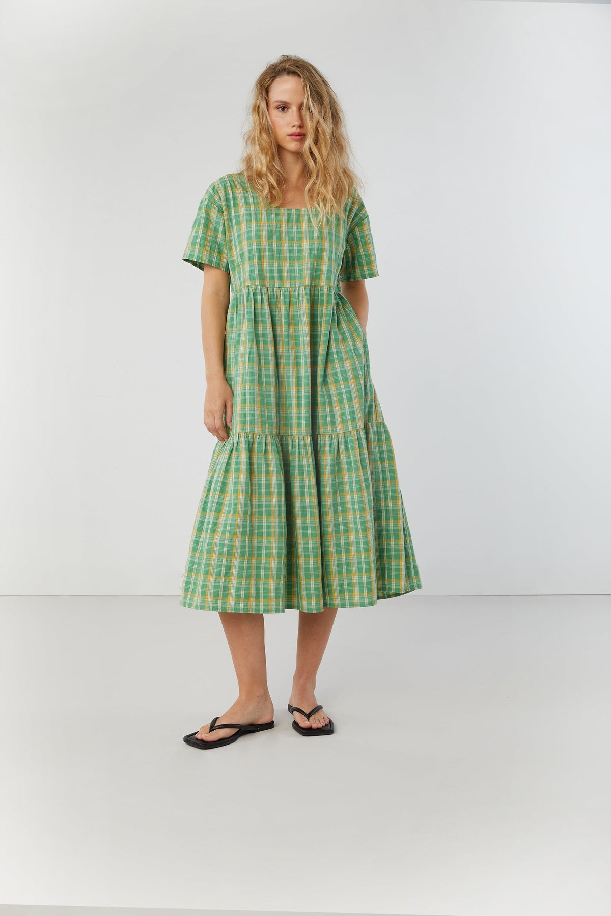 PLAID TIERED MIDI DRESS