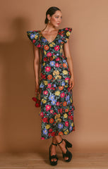 Lindsay Midi Dress ~ Charm Peony Black Luxe Satin