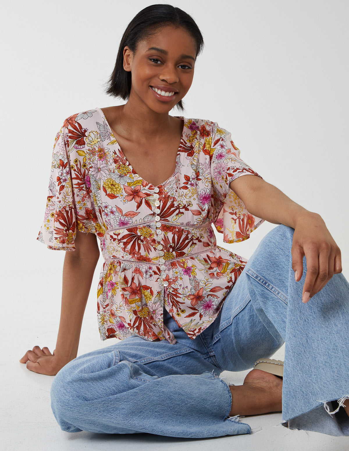 Button Front Batwing Peplum Top