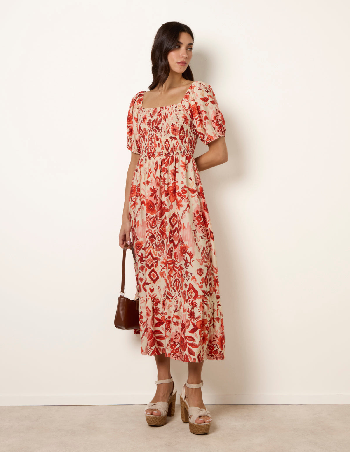 Watercolour Floral Shirred Puff Sleeve Midi Dress
