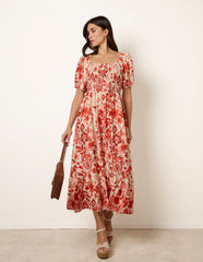 Watercolour Floral Shirred Puff Sleeve Midi Dress