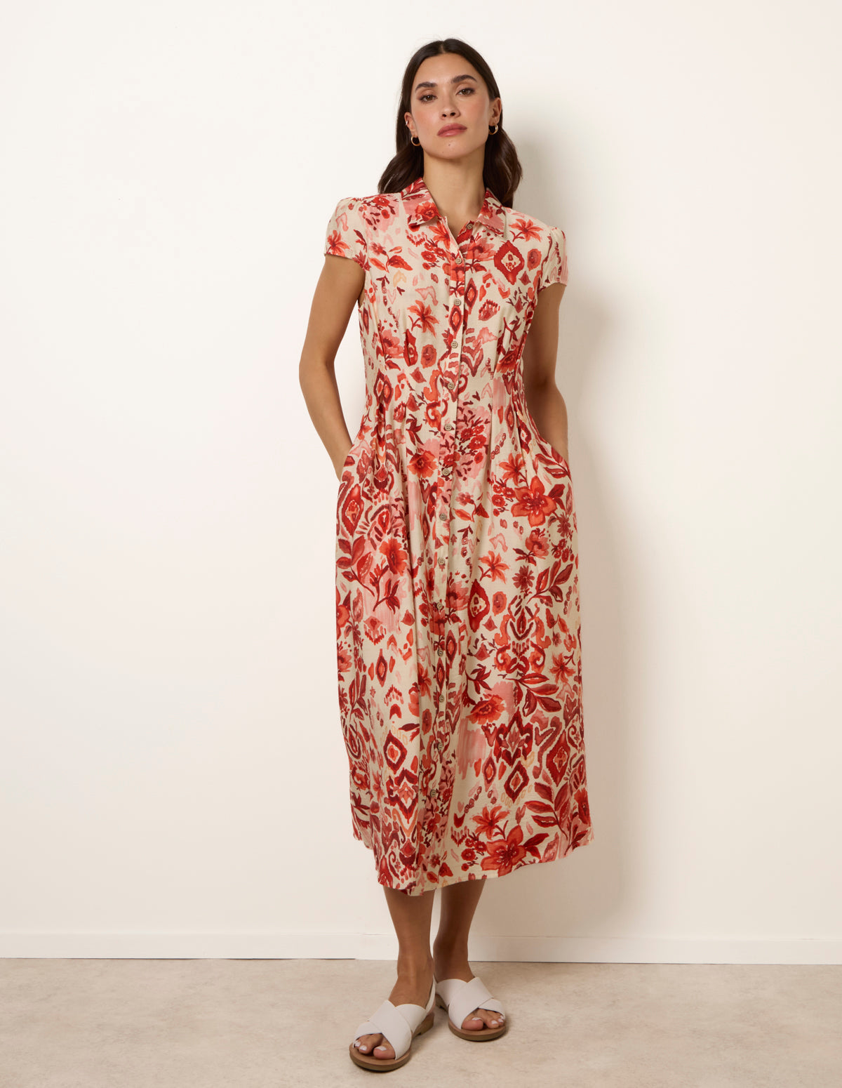 Watercolour Floral Printed Button Front Shirt Dress