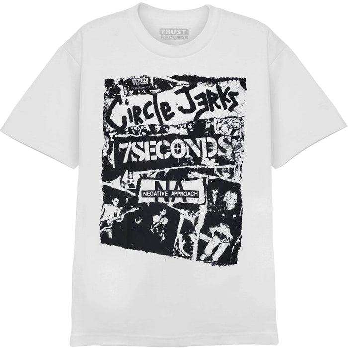 Circle Jerks 1301 white T-shirt with a black graphic featuring band names—Circle Jerks, 7 Seconds, Negative Approach—and distressed images of punk musicians. Ideal for fans of iconic printed tees.