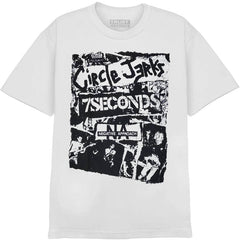 Circle Jerks 1301 white T-shirt with a black graphic featuring band names—Circle Jerks, 7 Seconds, Negative Approach—and distressed images of punk musicians. Ideal for fans of iconic printed tees.