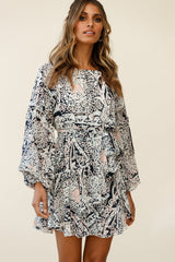 Angelini Long Sleeve Waist Tie Dress Floral Print Navy