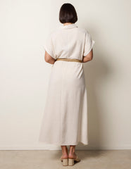 Linen Belted Dress With Feather Embroidery
